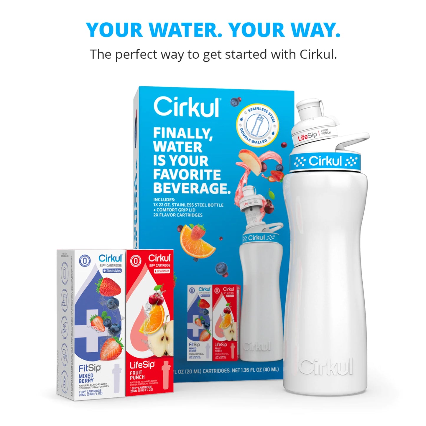 22 Oz White Stainless Steel Bottle Starter Kit with Blue Lid and 2 Flavor Cartridges (Fruit Punch & Mixed Berry)
