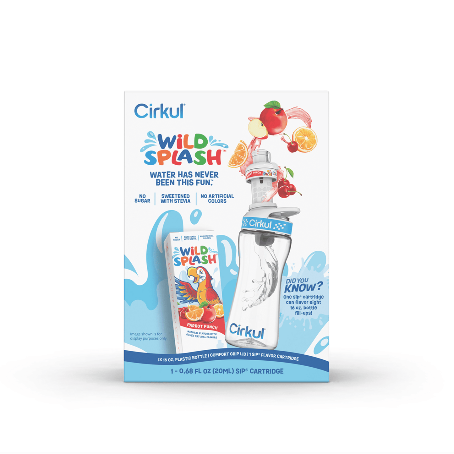 16Oz Plastic Water Bottle Starter Kit with Blue Lid, 1 Flavor Cartridge (Wild Splash Parrot Punch)