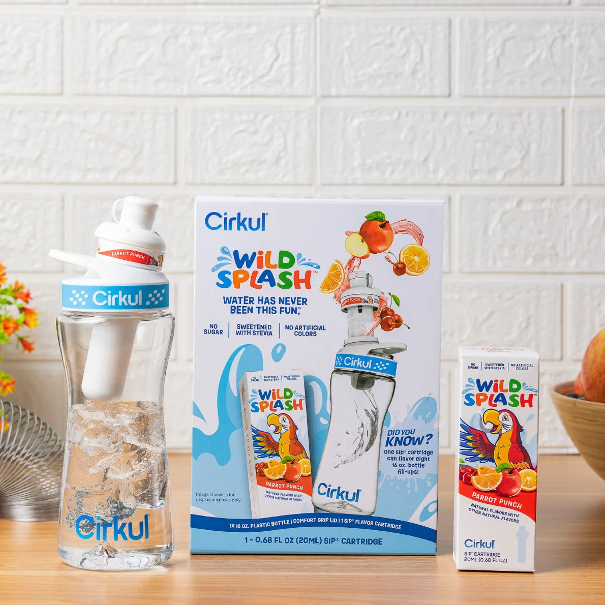 16Oz Plastic Water Bottle Starter Kit with Blue Lid, 1 Flavor Cartridge (Wild Splash Parrot Punch)