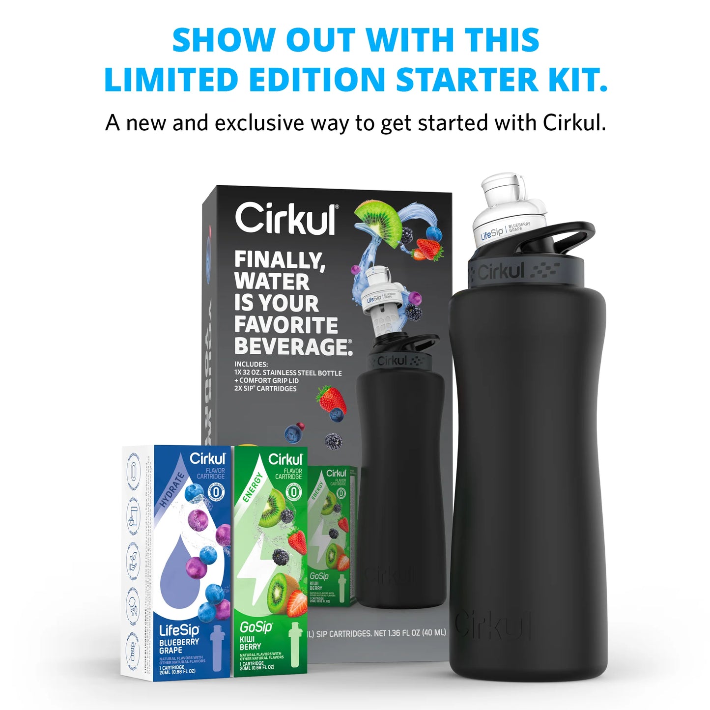32Oz Matte Black Stainless Steel Starter Kit with Matte Black Lid 2.0 and 2 Flavor Cartridges (Blueberry Grape & Kiwi Berry)