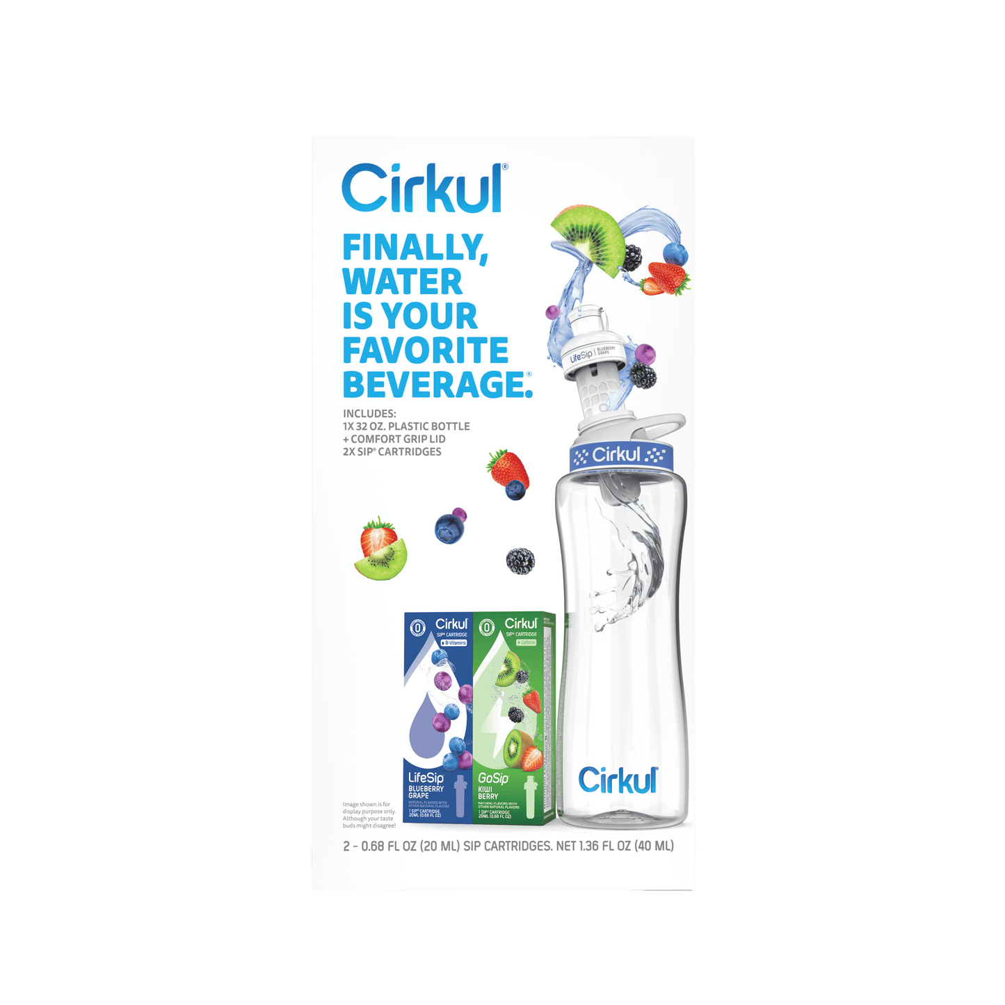 32Oz Plastic Starter Kit with Navy Blue Lid, 2 Flavor Cartridges (Blueberry Grape & Kiwi Berry)