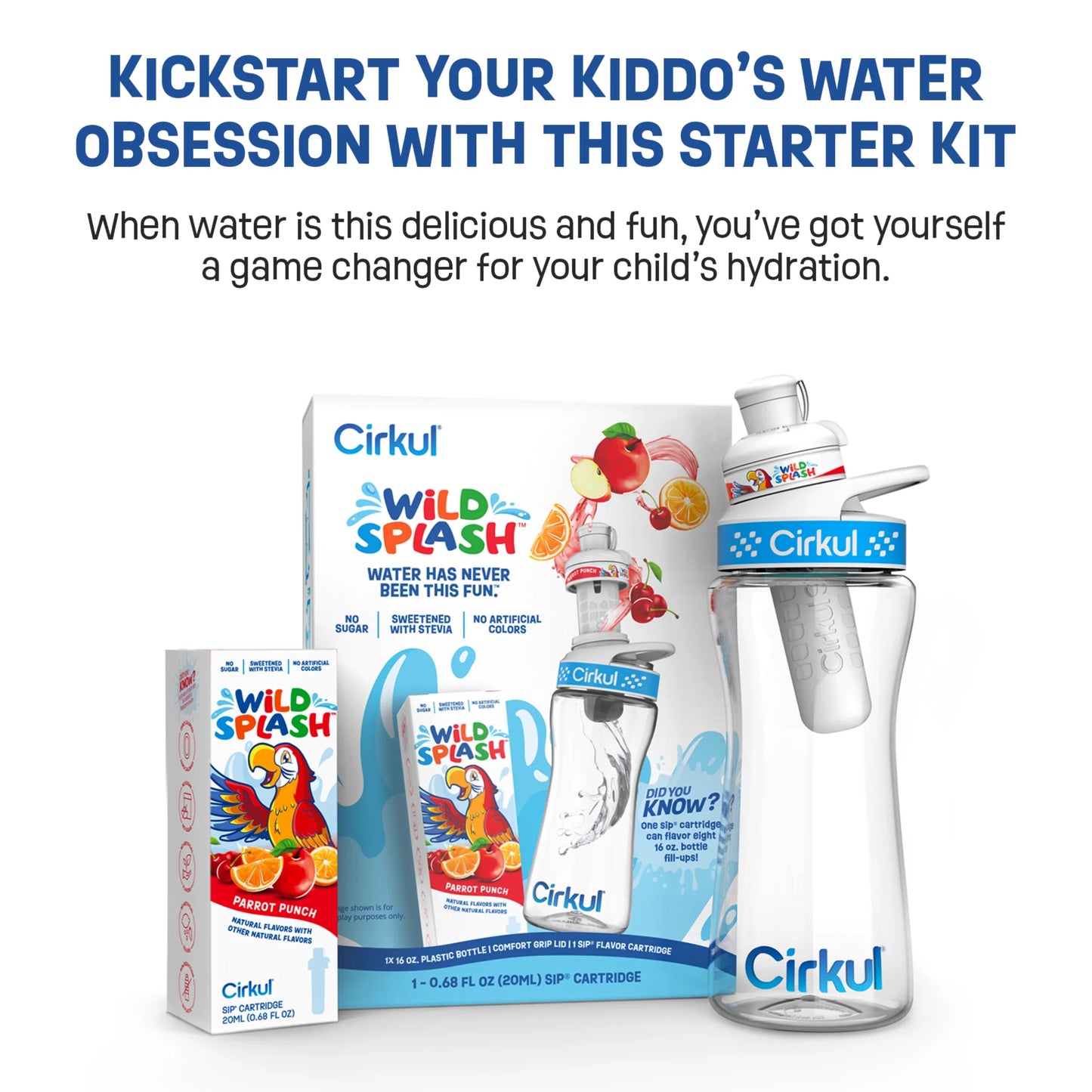 16Oz Plastic Water Bottle Starter Kit with Blue Lid, 1 Flavor Cartridge (Wild Splash Parrot Punch)