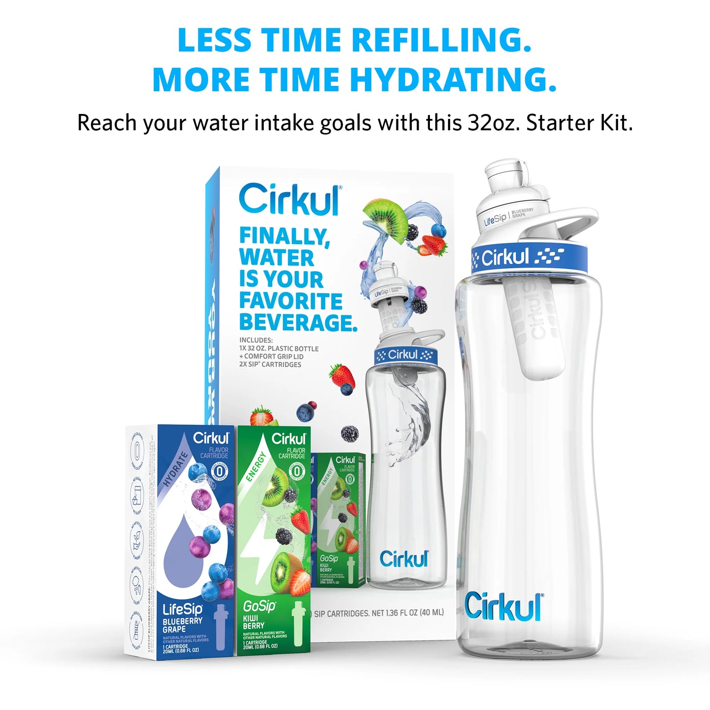 32Oz Plastic Starter Kit with Navy Blue Lid, 2 Flavor Cartridges (Blueberry Grape & Kiwi Berry)