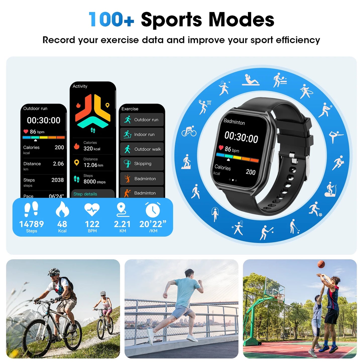 1.85-Inch Smart Watch for Men Women IP67 Waterproof Sports Smart Watch for Android Black