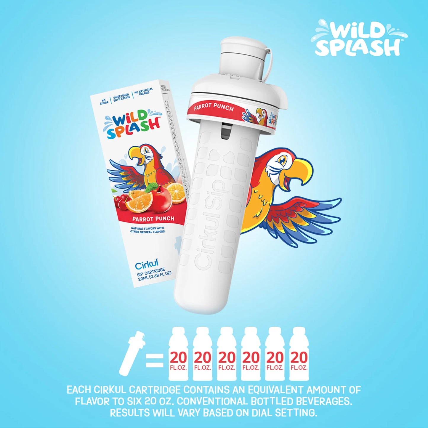16Oz Plastic Water Bottle Starter Kit with Blue Lid, 1 Flavor Cartridge (Wild Splash Parrot Punch)