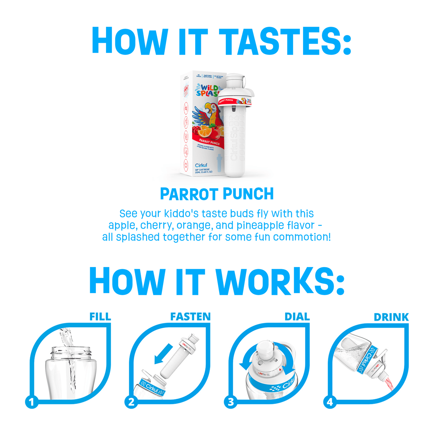 16Oz Plastic Water Bottle Starter Kit with Blue Lid, 1 Flavor Cartridge (Wild Splash Parrot Punch)