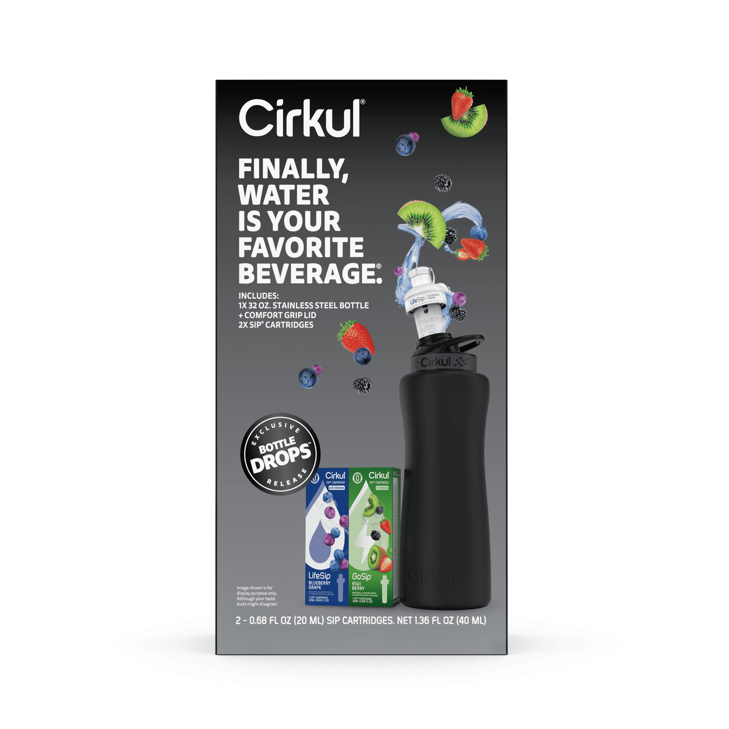 32Oz Matte Black Stainless Steel Starter Kit with Matte Black Lid 2.0 and 2 Flavor Cartridges (Blueberry Grape & Kiwi Berry)