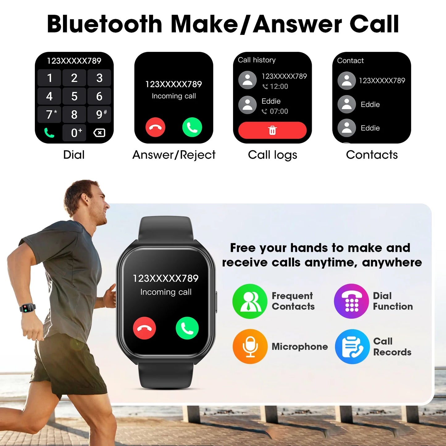 1.85-Inch Smart Watch for Men Women IP67 Waterproof Sports Smart Watch for Android Black