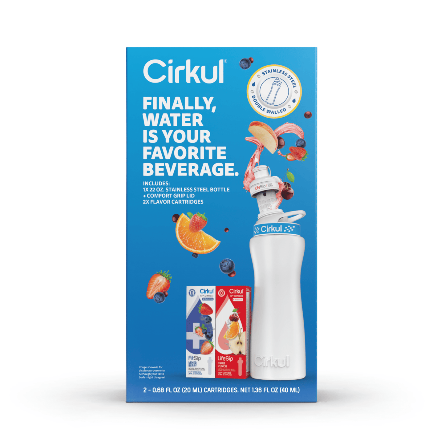 22 Oz White Stainless Steel Bottle Starter Kit with Blue Lid and 2 Flavor Cartridges (Fruit Punch & Mixed Berry)