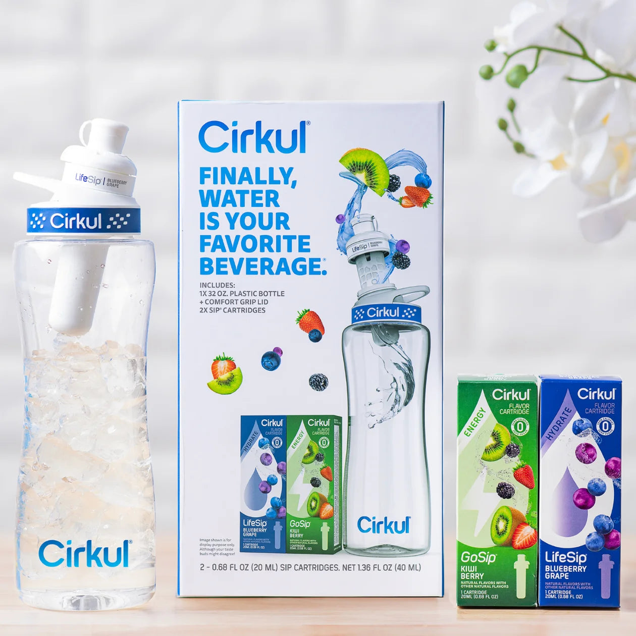 32Oz Plastic Starter Kit with Navy Blue Lid, 2 Flavor Cartridges (Blueberry Grape & Kiwi Berry)