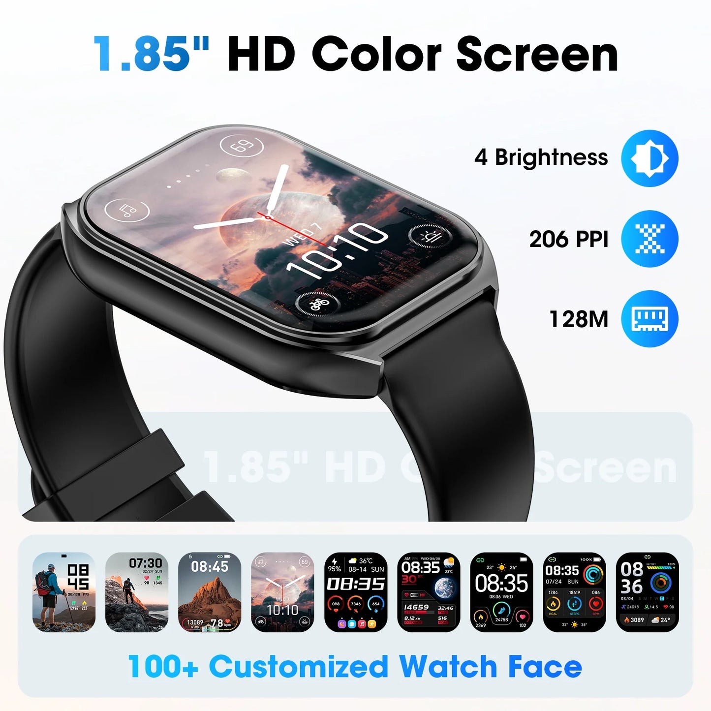 1.85-Inch Smart Watch for Men Women IP67 Waterproof Sports Smart Watch for Android Black