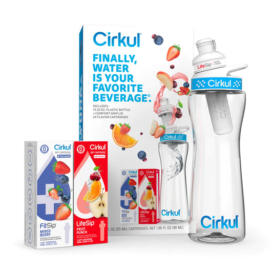 22 Oz Plastic Water Bottle Starter Kit with Blue Lid and 2 Flavor Cartridges (Fruit Punch & Mixed Berry)