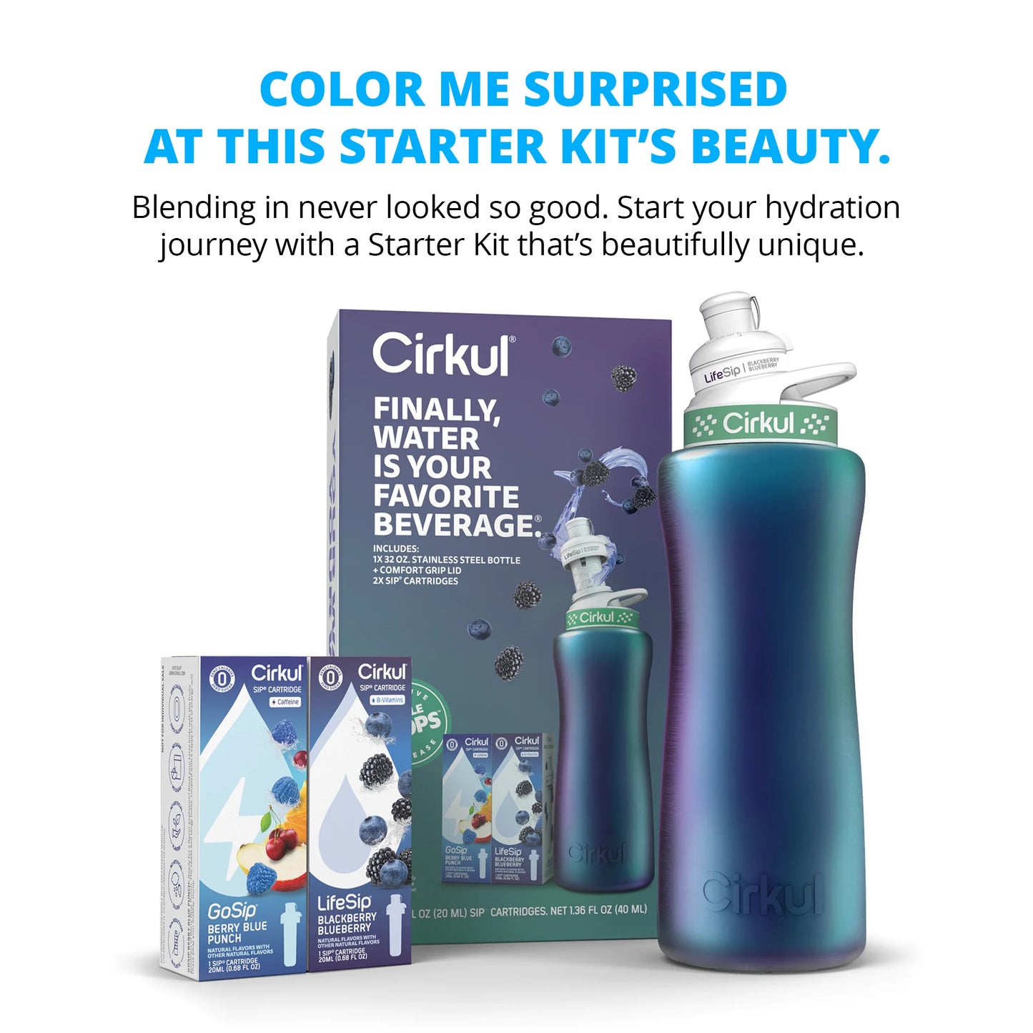 32Oz Chameleon Stainless Steel Starter Kit with Chameleon  Lid 2.0 and 2 Flavor Cartridges (Blackberry Blueberry & Berry Blue Punch)