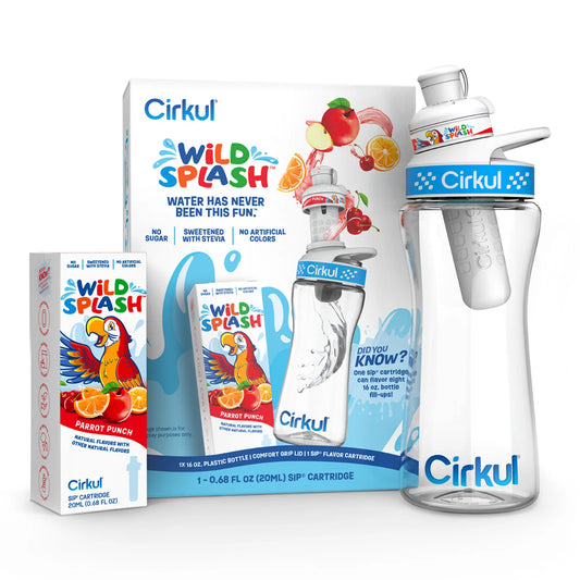 16Oz Plastic Water Bottle Starter Kit with Blue Lid, 1 Flavor Cartridge (Wild Splash Parrot Punch)