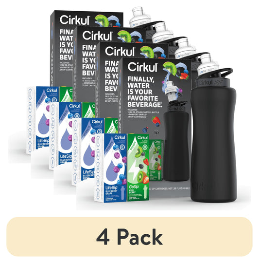(4 Pack)  32Oz Matte Black Stainless Steel Starter Kit with Matte Black  Lid 2.0 and 2 Flavor Cartridges (Blueberry Grape & Kiwi Berry)