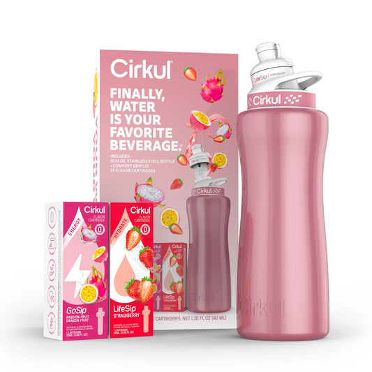 32Oz Rose Gold Stainless Steel Water Bottle Starter Kit with Rose Gold Lid, 2 Flavor Cartridges (Strawberry & Passion Fruit Dragon Fruit)
