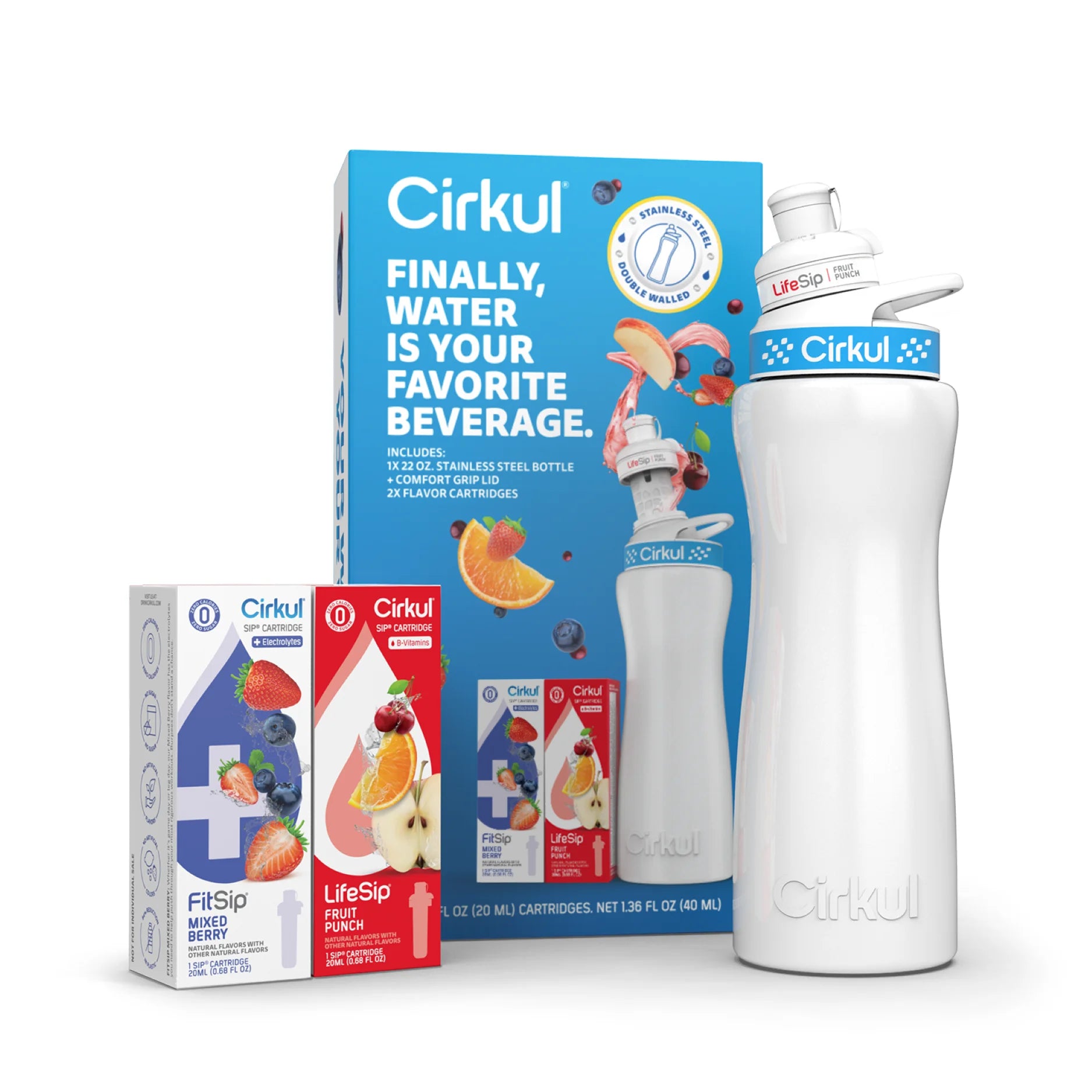 22 Oz White Stainless Steel Bottle Starter Kit with Blue Lid and 2 Flavor Cartridges (Fruit Punch & Mixed Berry)