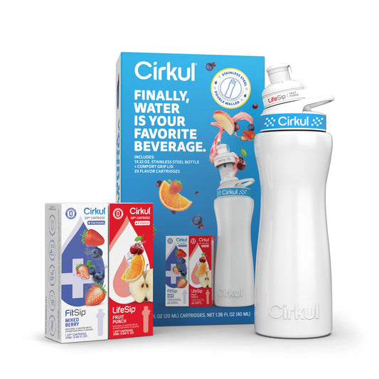 22 Oz White Stainless Steel Bottle Starter Kit with Blue Lid and 2 Flavor Cartridges (Fruit Punch & Mixed Berry)