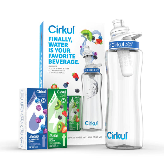32Oz Plastic Starter Kit with Navy Blue Lid, 2 Flavor Cartridges (Blueberry Grape & Kiwi Berry)